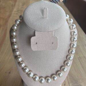 Vintage designer-like pearls on plaid ribbon, 16" pearls, 30" ribbon, adjustable